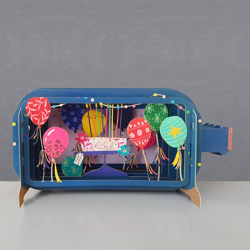 Biglietto pop-up con messaggio in una bottiglia - palloncini