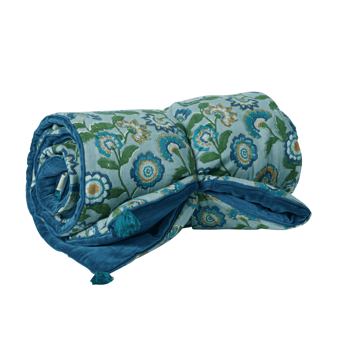 Copertura per divano o per letto in velluto e fiori stampati "a blocchi" - modello Guapao blu - dim. 200 x 90 cm