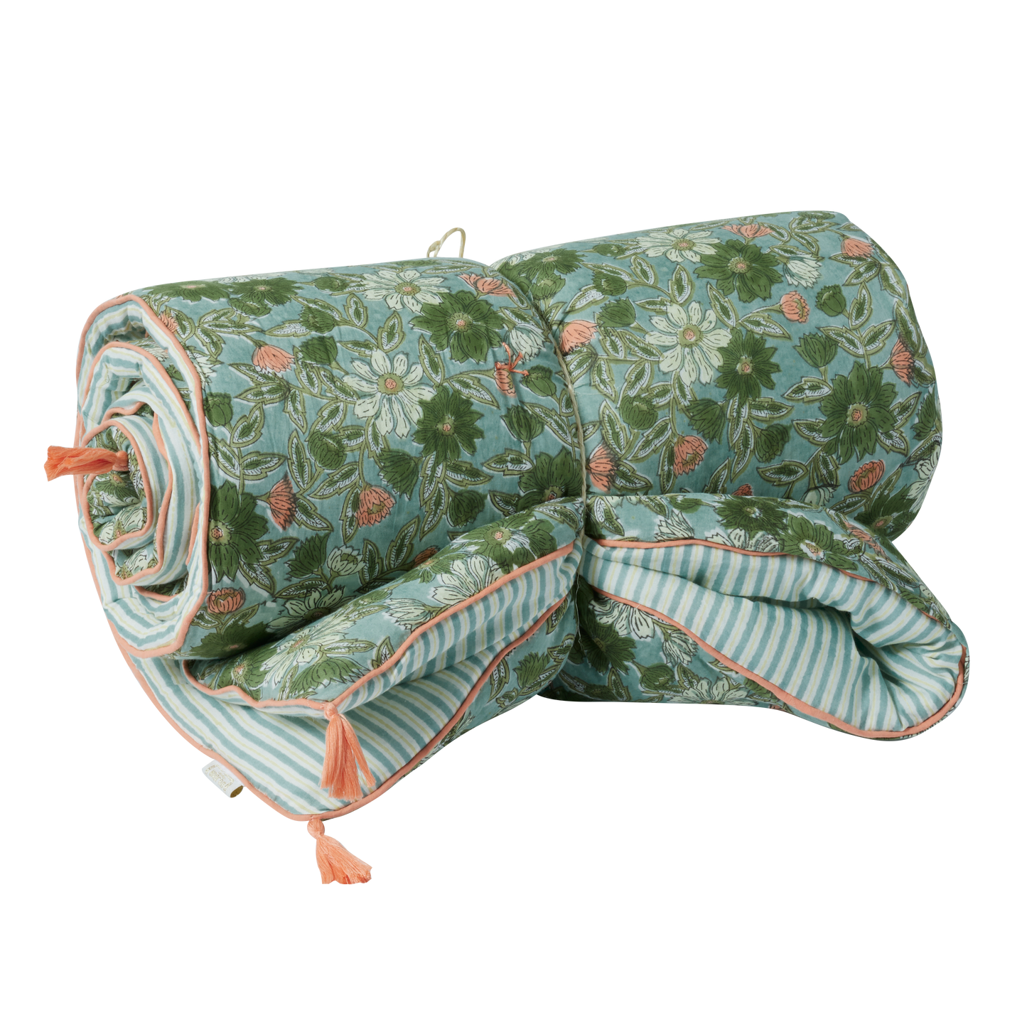 Copertura per divano o per letto in tessuto a strisce e fiori stampati "a blocchi" - modello Meera blu verde - dim. 200x90 cm