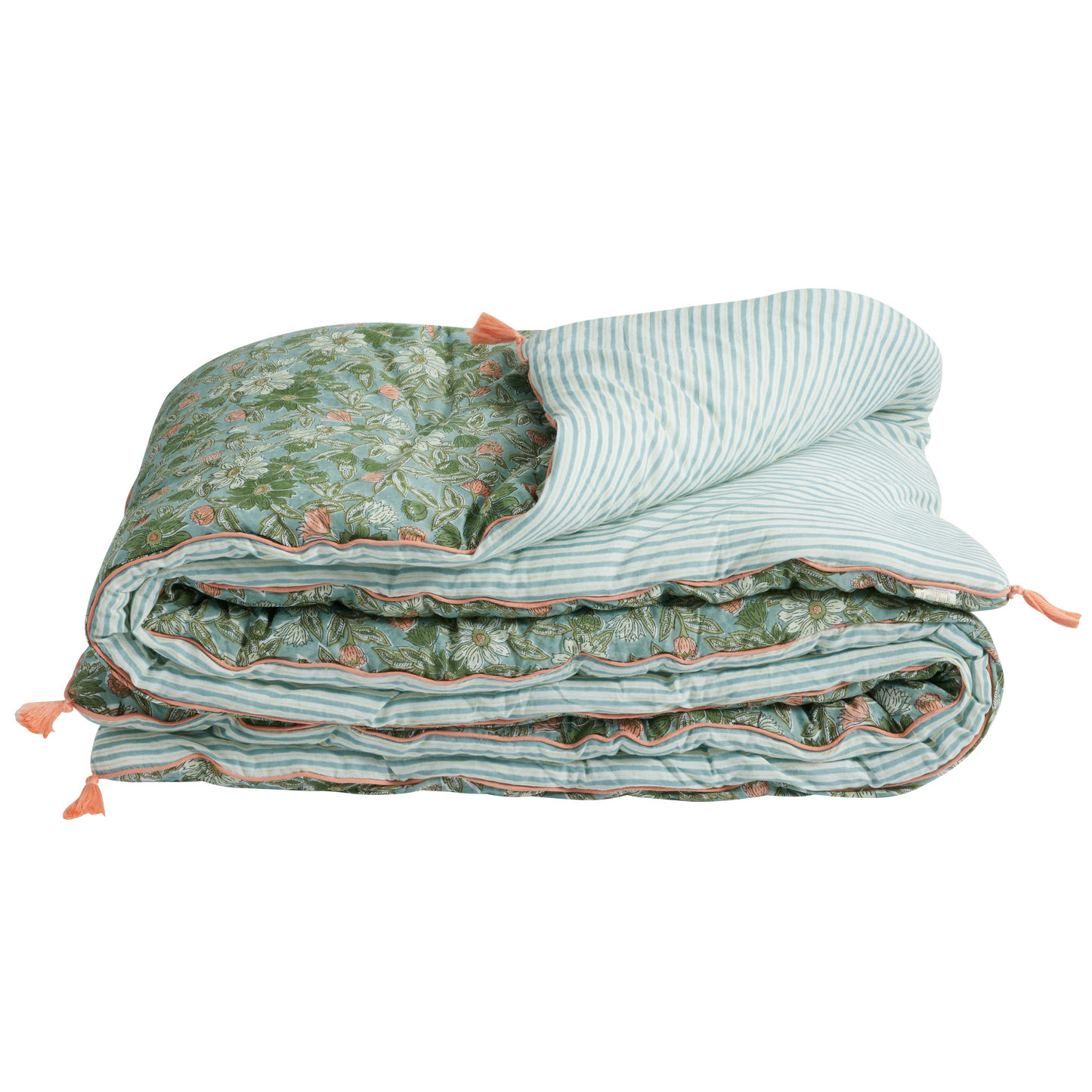 Copertura per divano o per letto in tessuto a strisce e fiori stampati "a blocchi" - modello Meera blu verde - dim. 200x90 cm