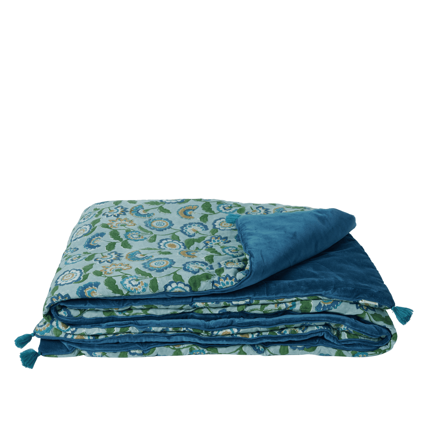 Copertura per divano o per letto in velluto e fiori stampati "a blocchi" - modello Guapao blu - dim. 200 x 90 cm
