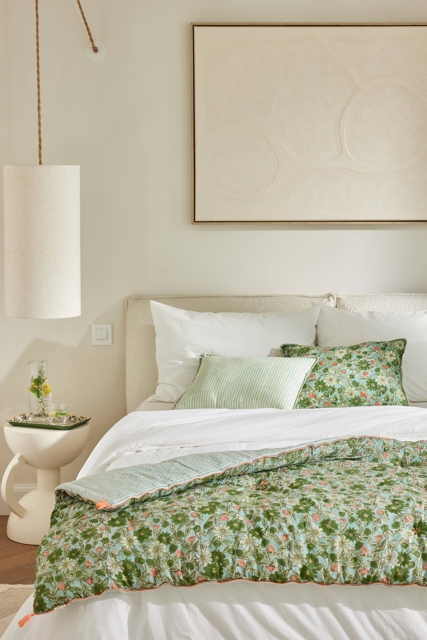 Copertura per divano o per letto in tessuto a strisce e fiori stampati "a blocchi" - modello Meera blu verde - dim. 200x90 cm