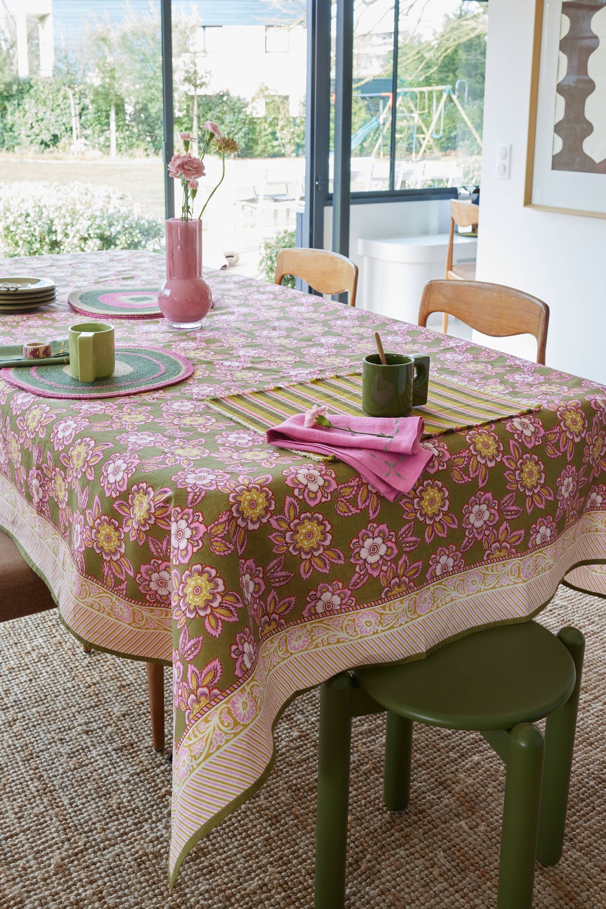 Tovaglia stampata a mano - Jakarta Olive - dim. 170 x 300 cm