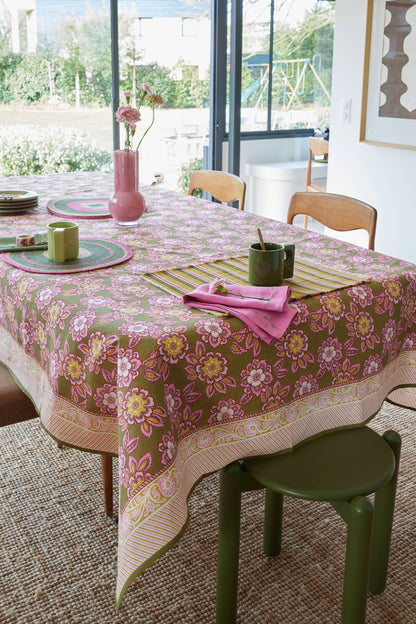 Tovaglia stampata a mano - Jakarta Olive - dim. 170 x 300 cm