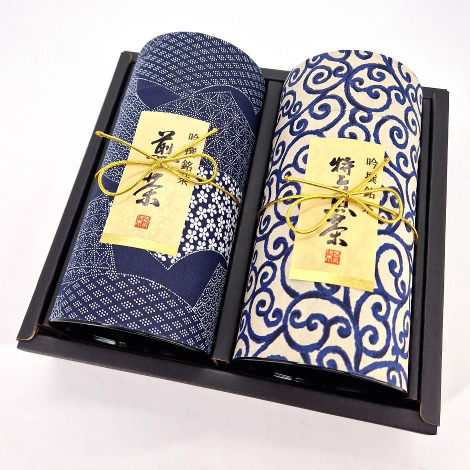Duo di barattoli di tè giapponese blu ricoperti di carta washi - AIZOME (escluso il tè)