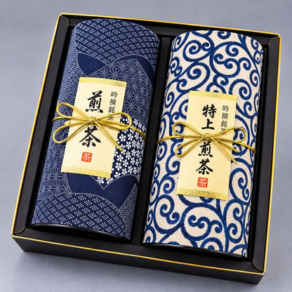 Duo di barattoli di tè giapponese blu ricoperti di carta washi - AIZOME (escluso il tè)